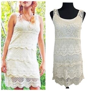 AEO Womens Boho Chic Crochet Tiered Dress XS Cream Festival Indie Romantic Beach